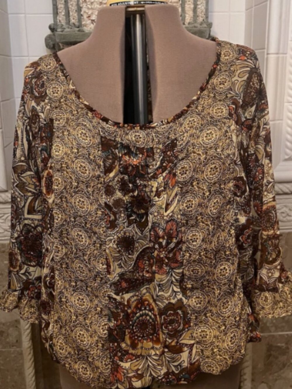 Pure Energy. Sz 3X. Brown Tan Scoop Chiffon Blouson 3/4 Sleeve. Pullover. B40